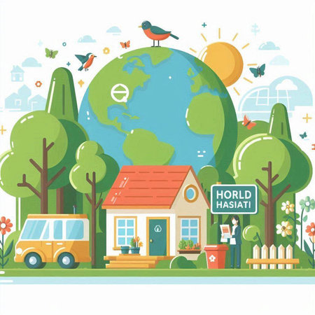 Eco friendly city with wind turbines and houses. Vector illustration.のイラスト素材