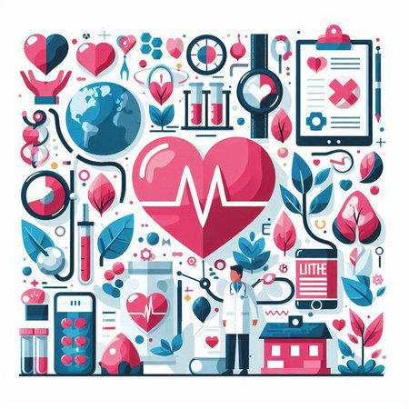 Health care and medicine concept. Vector flat illustration of doctor, nurse, student, teacher, doctor, globe, medical icons.のイラスト素材