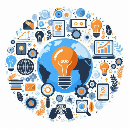 Idea concept with globe, lamp and business icons on white backgroundのイラスト素材