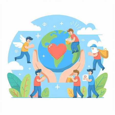 World Health Day concept. Vector flat cartoon illustration with people and planet.のイラスト素材