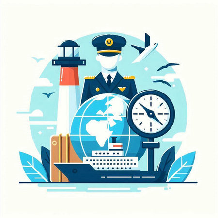 Sea travel flat vector illustration. Sea tourism and travel concept. Traveling by ship.のイラスト素材