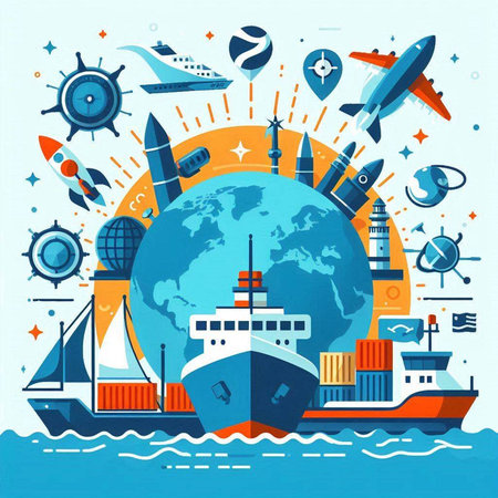 Vector illustration of the world logistics and transportation. Cargo ship, plane, ship, ship, ship, airplane, lighthouse, lighthouse, ship, ship, container.のイラスト素材