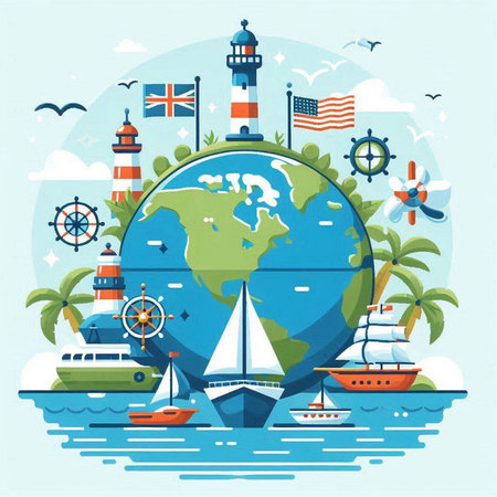 Vector illustration of the world with lighthouse, ship, sailboat and sailing boatのイラスト素材