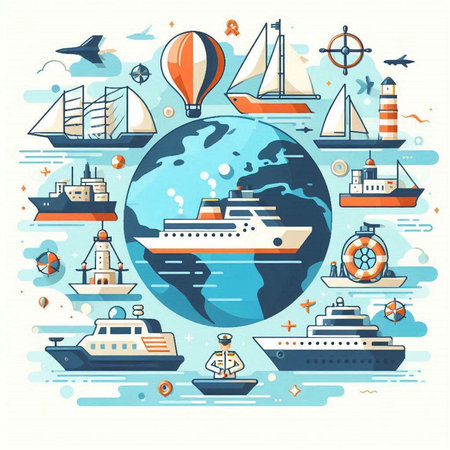 Sea travel and vacation concept. Vector flat design illustration with ship, yacht, boat, lighthouse, lifebuoy, steering wheel, compass and globe.のイラスト素材
