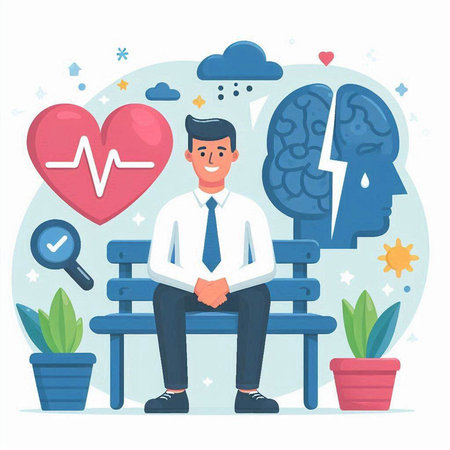 Businessman sitting on a bench in front of heart and brain. Vector illustration.のイラスト素材