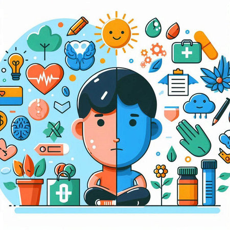 Sad boy sitting on the floor surrounded by medical icons. Vector illustration.のイラスト素材