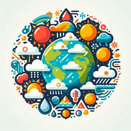 Vector illustration of planet earth and various weather icons in circle shape.のイラスト素材
