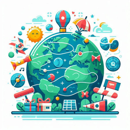 Vector illustration of a globe with flat design elements. Earth day concept.のイラスト素材