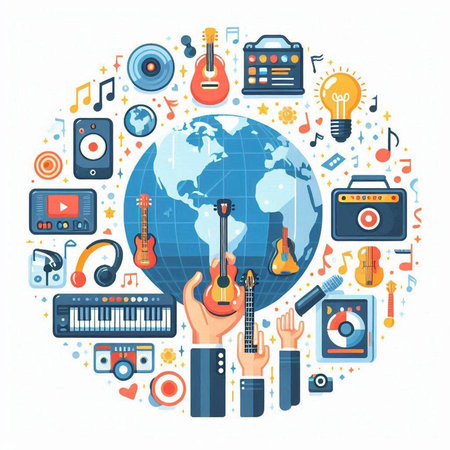 Vector illustration of hand with musical instruments around the world. Music concept.のイラスト素材