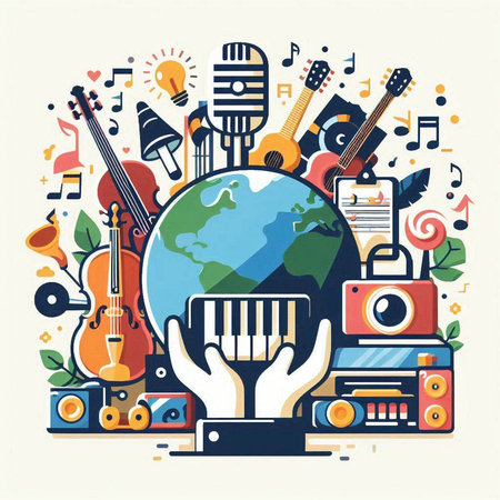 Music background with musical instruments. Vector illustration in flat design style.のイラスト素材