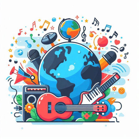 Vector flat illustration of world music day concept with musical instruments and planet earth.のイラスト素材