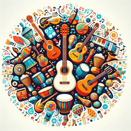 Colorful vector hand drawn set of music objects, symbols and itemsのイラスト素材