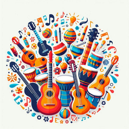 Colorful musical instruments round composition with guitar, drumcas, flute and notes. Vector illustrationのイラスト素材