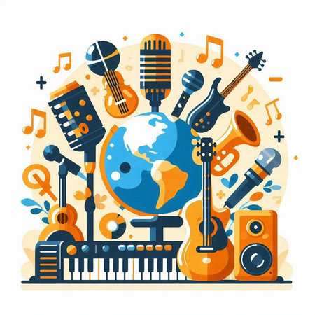 Music instruments flat vector illustration. Microphones, guitar, planet earth, speaker and notes on white background.のイラスト素材