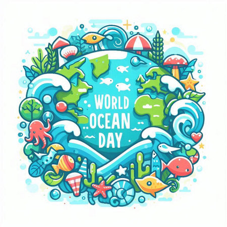 World Ocean Day. Vector illustration of World Ocean Day with cartoon doodle elements.のイラスト素材