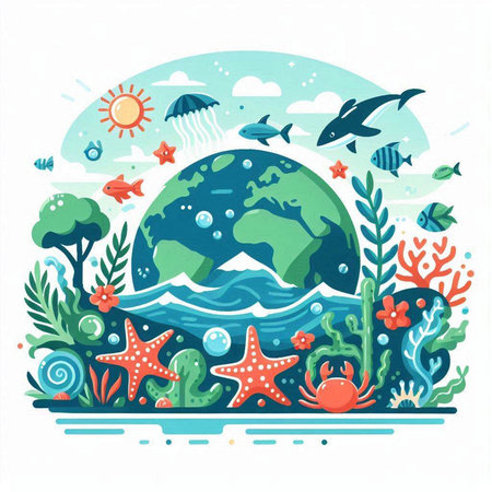Vector illustration of the world in the sea with corals and algae.のイラスト素材