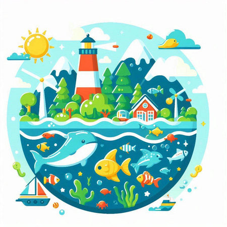 Sea landscape with fish, lighthouse and houses. Vector illustration in flat styleのイラスト素材