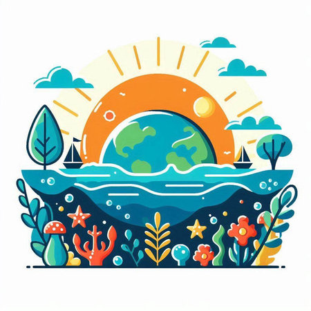 Vector illustration of a sea landscape with sun, trees and plants.のイラスト素材