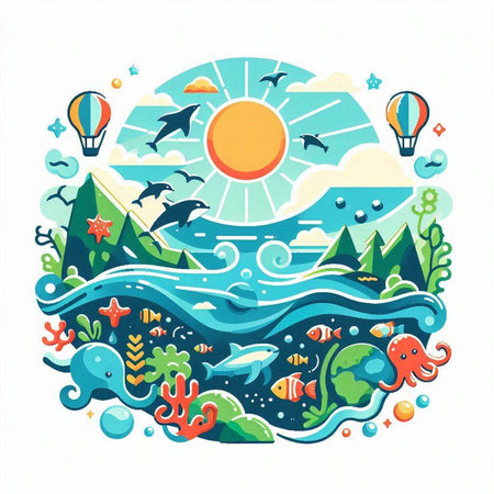 Cartoon sea landscape. Vector illustration in flat style. Colorful summer background.のイラスト素材
