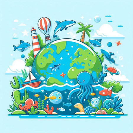 Vector illustration of a sea landscape with a world globe and different animals.のイラスト素材