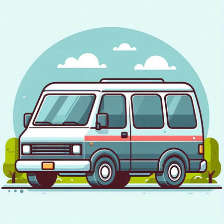 Van on the road. Vector illustration in flat style. Side view.のイラスト素材