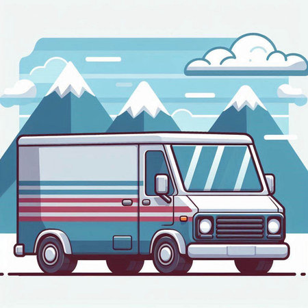 Vector illustration of a van on the background of mountains and clouds.のイラスト素材
