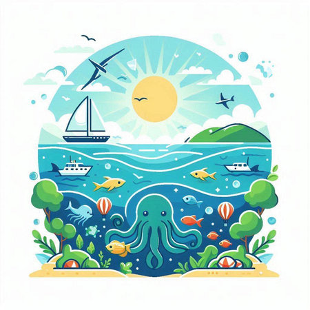 Sea landscape with sea animals, boat and fish. Vector illustration.のイラスト素材