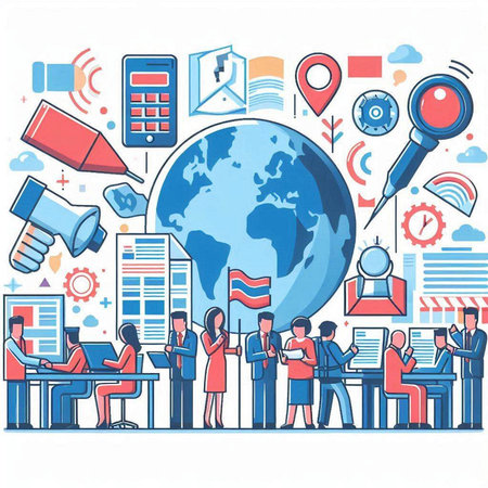 Global business concept. Vector illustration in line art style with people working around the world.のイラスト素材