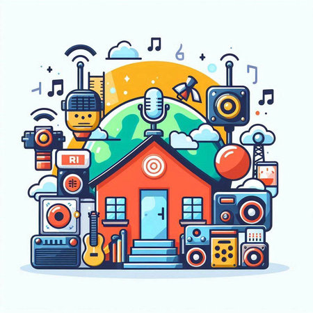 Vector illustration of house with music icons. Flat line art design.のイラスト素材
