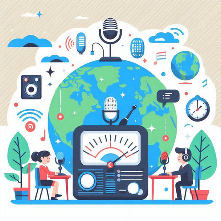 Radio station concept. Flat vector illustration of radio station with world map and peopleのイラスト素材