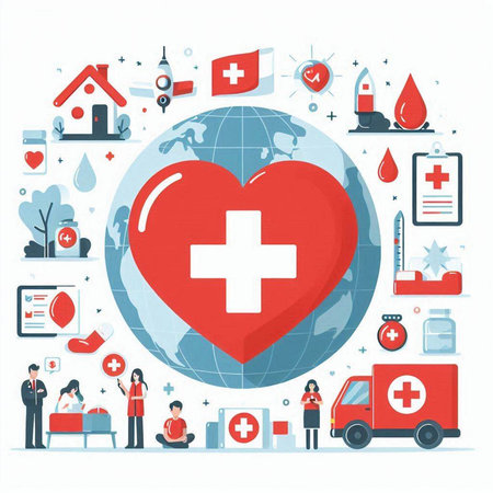 World health day concept. Vector illustration in flat design style with icons of heart, ambulance, first aid kit, blood drop, globe, medical equipment.のイラスト素材