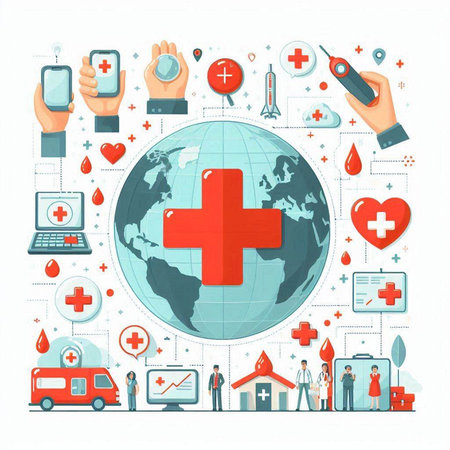 Medical and healthcare concept. Vector illustration with flat icons of doctor, ambulance, first aid kit, globe, pills, medical equipment.のイラスト素材