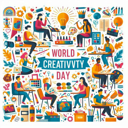 World creative day poster with people working at office. Vector illustration.のイラスト素材