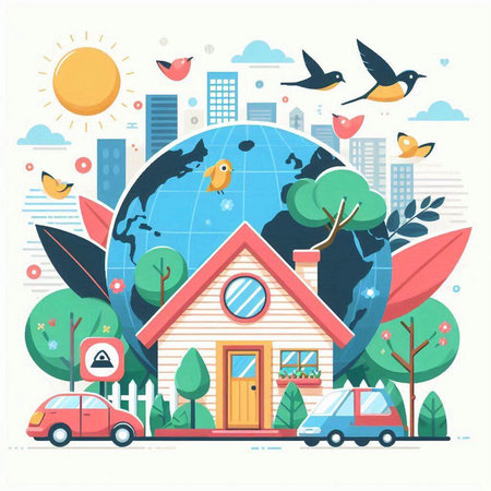 Vector illustration of eco friendly house with globe and birds on the backgroundのイラスト素材