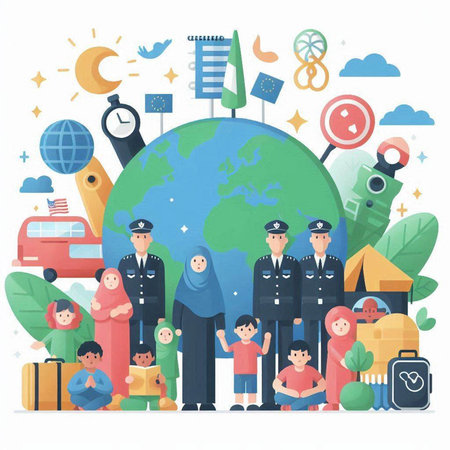 Flat design vector illustration concept of travel around the world with family.のイラスト素材