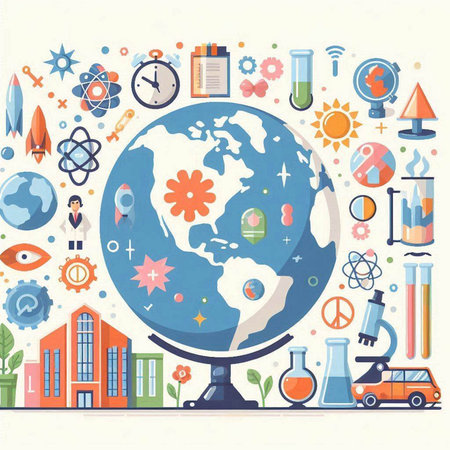 Back to school background with science icons. Vector illustration in flat styleのイラスト素材