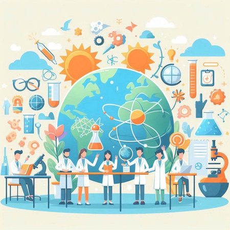 Science and education concept with flat icons. Vector illustration in cartoon style.のイラスト素材