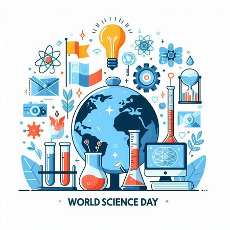 World science day concept. Flat line design style. Vector illustration.のイラスト素材