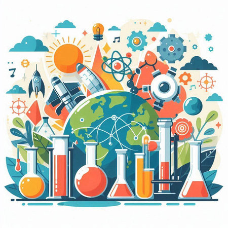 Science and education concept. Flat vector illustration of science, chemistry, physics, physics, chemistry, biology, physics.のイラスト素材