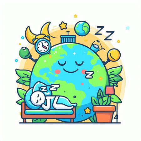 Cute cartoon earth character sleeping on the bed. Vector illustration.のイラスト素材