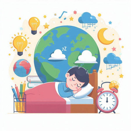 Boy sleeping in bed with alarm clock, book, pencils, alarm clock and globe. Vector illustration.のイラスト素材