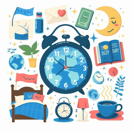 Alarm clock and set of objects. Vector illustration in flat styleのイラスト素材