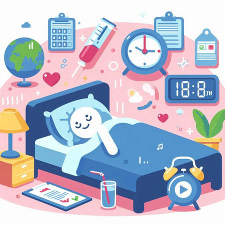 Illustration of a sick man lying in bed with alarm clock, thermometer, thermometer and a glass of juiceのイラスト素材
