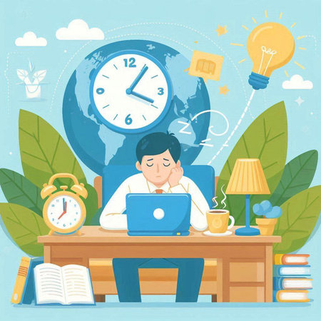 Businessman working at his desk with laptop and books. Time management concept. Flat design vector illustration.のイラスト素材