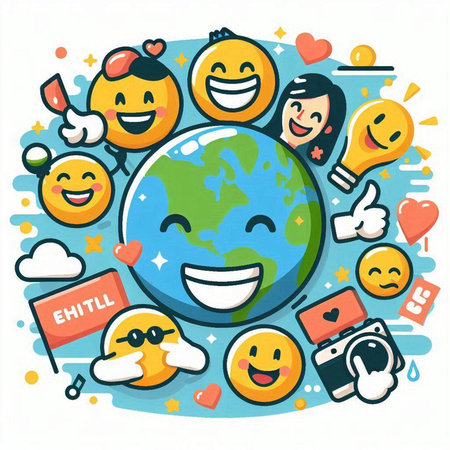 Vector illustration of a group of happy cartoon people around the world.のイラスト素材
