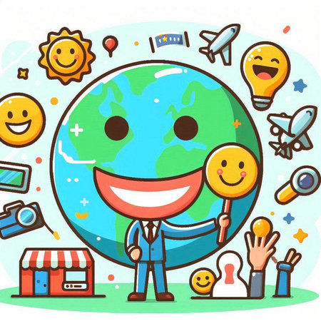 Illustration of a Smiling Person Holding a Lollipop in front of a Globeのイラスト素材