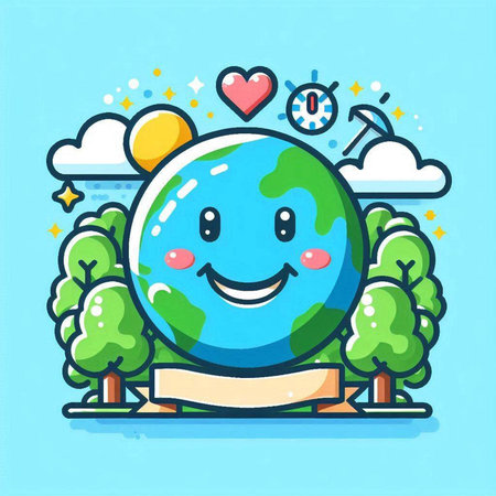 Cute cartoon earth character with banner. Vector illustration. World environment day concept.のイラスト素材