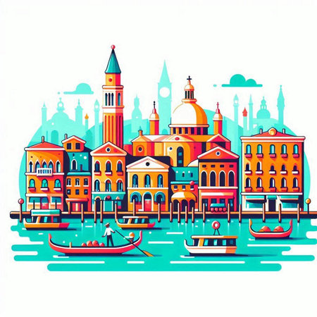 Venice cityscape with gondolas on water, vector illustrationのイラスト素材