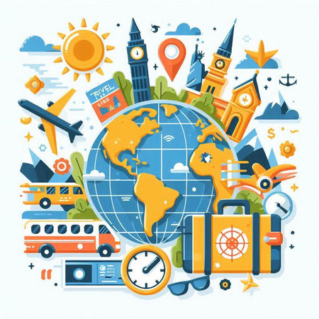 Travel around the world. Vector illustration in flat design style with travel icons.のイラスト素材