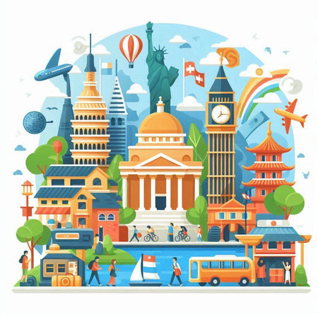 World famous landmarks. Travel and tourism concept in flat style. Vector illustrationのイラスト素材